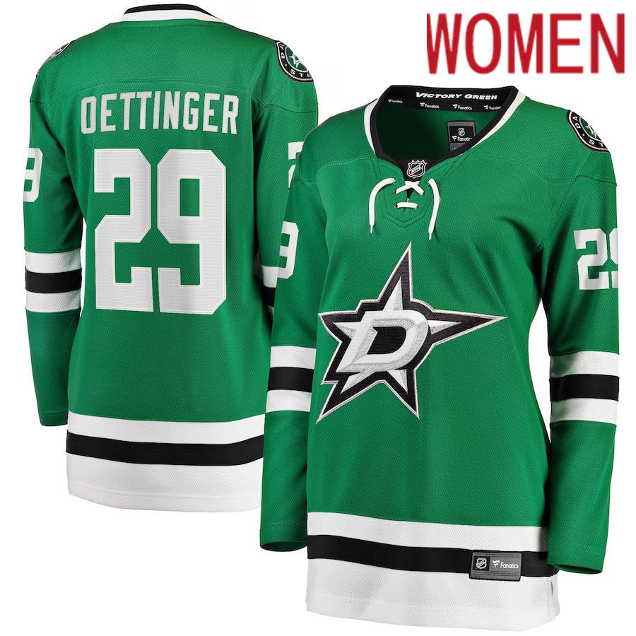 Women Dallas Stars 29 Jake Oettinger Fanatics Branded Kelly Green Home Breakaway Player NHL Jersey